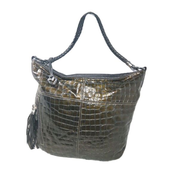 Brighton Cher Muse L Shoulder Bag  Patent Leather Croco Embossed Khaki Green - Picture 1 of 11